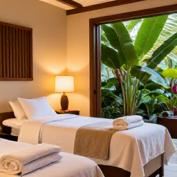Caribbean Holidays, July Wellness Holidays, Peaceful Caribbean spa treatment room with natural materials, tropical plants, soft towels and warm ambient light
