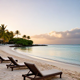 Caribbean Holidays, July Wellness Holidays, Quiet Caribbean beach at sunrise in July, calm turquoise water, soft golden light, comfortable sun loungers and tropical greenery