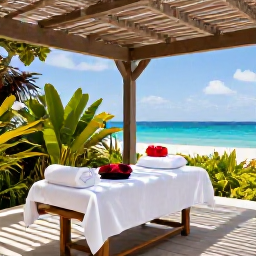 Caribbean Holidays, July Wellness, Outdoor spa treatment on a shaded terrace overlooking the Caribbean Sea in Sint Maarten, with tropical plants and natural wood details