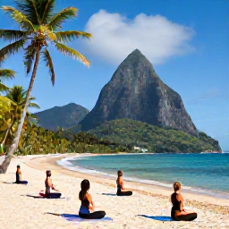 Caribbean Holidays, July Wellness, Outdoor yoga session on a quiet Saint Lucia beach surrounded by palm trees and green mountains