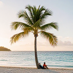 Caribbean Holidays, July Wellness, Peaceful beach in Saint Thomas, United States Virgin Islands, early morning in July, soft sunlight, calm turquoise sea and a person relaxing beneath a palm tree
