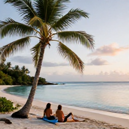 Caribbean Holidays, July Wellness, Peaceful Tobago beach with calm turquoise water, shaded palms and a couple relaxing in the early evening