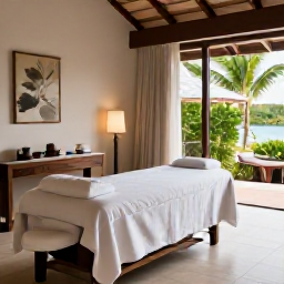 Caribbean Holidays, July Wellness, Quiet tropical spa setting at a Saint Kitts resort in July, with treatment room, greenery and soft natural light