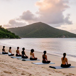 Caribbean Holidays, July Wellness, Small group yoga session on a quiet Caribbean beach in Saint John, United States Virgin Islands, July sunrise, mats facing the sea and green hills in the background