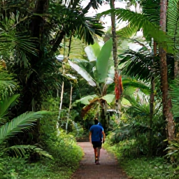 Caribbean Holidays, July Wellness, Tranquil rainforest trail in Trinidad with tall trees, tropical plants and a traveller enjoying a peaceful nature walk