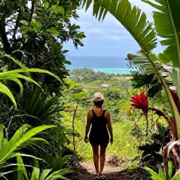Caribbean Holidays, July Wellness, Traveller walking through lush forest on Mount Liamuiga in Saint Kitts during July, tropical plants and distant sea views