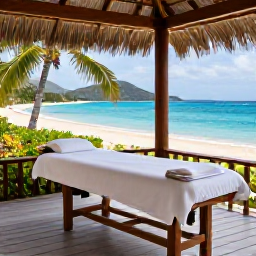 Caribbean Holidays, July Wellness, Wellness spa beside a tropical beach in the United States Virgin Islands, July afternoon, natural wood treatment room, palms and ocean views