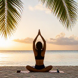 Caribbean Holidays, July Wellness, Wellness traveller practising yoga on a peaceful Caribbean beach in Saint Kitts at sunrise, palms and calm sea