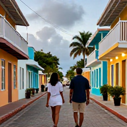 Caribbean Holidays, July Wine Holidays, A couple walking through a colourful Caribbean town before an evening wine tasting