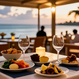 Caribbean Holidays, July Wine Holidays, A stylish Caribbean seaside restaurant with wine glasses, local dishes and a warm evening breeze