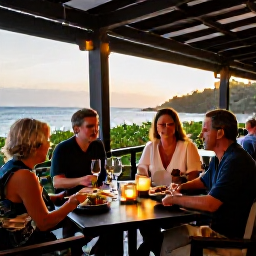 Caribbean Holidays, July Wine Holidays, Visitors enjoying a wine tasting and Caribbean food at an elegant open-air restaurant at sunset