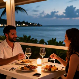 Caribbean Holidays, July Wine Tasting, A couple relaxing at a stylish Caribbean restaurant after wine tasting, with seafood plates, candles and a calm sea view at dusk