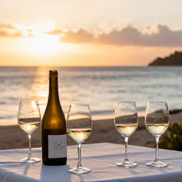 Caribbean Holidays, July Wine Tasting, A relaxed Saint Barth&eacute;lemy beachside wine tasting at sunset, with elegant glasses, Caribbean sea and warm July light