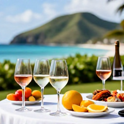 Caribbean Holidays, July Wine Tasting, An outdoor Caribbean wine tasting table featuring chilled white wine, ros&eacute;, tropical fruit and seafood, with green hills and the sea in the background