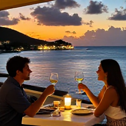 Caribbean Holidays, July Wine Tasting, Couple raising wine glasses on a Saint Barth&eacute;lemy restaurant terrace at sunset, with harbour lights and Caribbean views