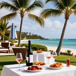 Caribbean Holidays, July Wine Tasting, Elegant outdoor wine tasting beside a Caribbean beach in Saint Barth&eacute;lemy, with chilled ros&eacute;, seafood and palm trees