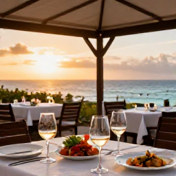 Caribbean Holidays, July Wine Tasting, Elegant seaside restaurant terrace in Cura&ccedil;ao with wine glasses, local dishes and a sunset over the Caribbean Sea
