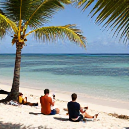 Caribbean Holidays, July Wine Tasting, Quiet Cura&ccedil;ao beach with palm trees, clear shallow water and a couple relaxing after a wine tasting excursion