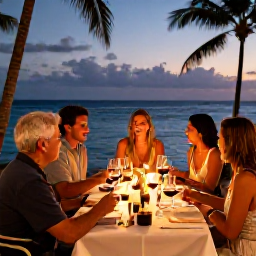 Caribbean Holidays, July Wine Tasting, Romantic Cura&ccedil;ao evening with a table set for wine tasting beside the sea, warm lights and tropical evening sky