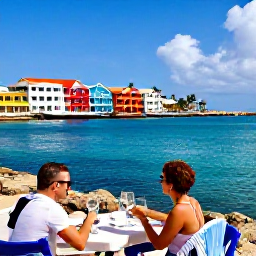Caribbean Holidays, July Wine Tasting, Sunlit Cura&ccedil;ao coastline with turquoise water, colourful waterfront buildings and relaxed holiday atmosphere in July