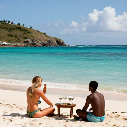 Caribbean Holidays, July Wine Tasting, Travellers enjoying a calm July afternoon at Colombier Beach in Saint Barth&eacute;lemy, with turquoise water and hillside views