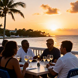 Caribbean Holidays, July Wine Tasting, Visitors enjoying a sunset wine tasting on a terrace overlooking Charlotte Amalie harbour, with warm evening light and tropical scenery