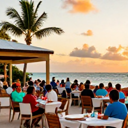 Caribbean Holidays, June Adults Only, A colourful evening scene in Grace Bay, Turks and Caicos, with outdoor dining, fresh seafood and warm sunset light