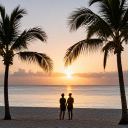 Caribbean Holidays, June Adults Only, A couple watching the sunset from a beachfront adults-only resort in Turks and Caicos, with calm sea and palm silhouettes