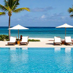 Caribbean Holidays, June Adults Only, Adults-only Caribbean resort pool overlooking a bright blue sea, sun loungers, palms and a couple enjoying a peaceful afternoon