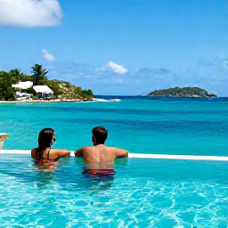 Caribbean Holidays, June Adults Only, Adults relaxing beside an infinity pool overlooking a turquoise Caribbean sea in St Thomas, United States Virgin Islands, bright June sunshine