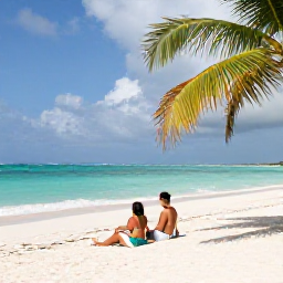 Caribbean Holidays, June Adults Only, Couple relaxing on a quiet Caribbean beach in June, turquoise sea, white sand, palm trees, natural daylight