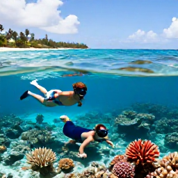 Caribbean Holidays, June Adults Only, Couple snorkelling in clear Caribbean water above a colourful coral reef, sunny tropical coastline in the background
