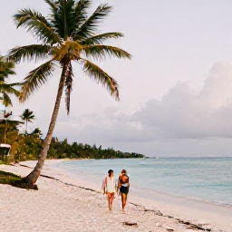 Caribbean Holidays, June Adults Only, Couple walking along a palm-fringed sandy beach in Tobago during June, calm turquoise sea and soft afternoon light
