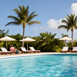 Caribbean Holidays, June Adults Only, Elegant adults-only resort pool in Turks and Caicos with sun loungers, palm trees and a couple enjoying a quiet afternoon