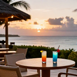 Caribbean Holidays, June Adults Only, Elegant adults-only resort terrace in Trinidad and Tobago at sunset, two cocktails on a table overlooking the Caribbean Sea