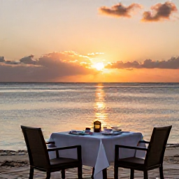 Caribbean Holidays, June Adults Only, Romantic Caribbean sunset viewed from a beachfront restaurant, table for two, warm evening light and calm sea