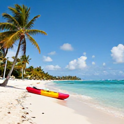 Caribbean Holidays, June Adventure Holidays, A bright Caribbean beach in June with turquoise water, palm trees and a small kayak near the shore