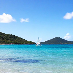 Caribbean Holidays, June Adventure Holidays, A bright coastal scene on St Thomas in the United States Virgin Islands, with turquoise water, a small sailing boat and green hills under a warm June sky