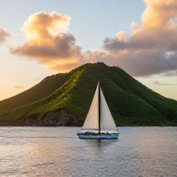Caribbean Holidays, June Adventure Holidays, A small sailing boat travelling between Caribbean islands at sunset, with green hills and calm sea
