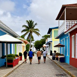 Caribbean Holidays, June Adventure Holidays, Friendly Caribbean village street with local food, colourful buildings and travellers exploring on foot