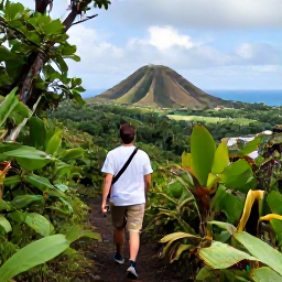 Caribbean Holidays, June Adventure Holidays, Travellers hiking along a lush tropical trail in the Caribbean, with volcanic hills and distant ocean views