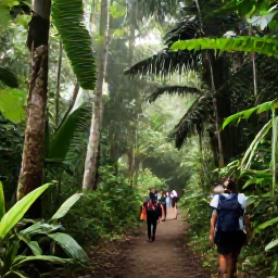 Caribbean Holidays, June Adventures, A lush Trinidad rainforest trail in June with hikers, tropical foliage and soft morning light