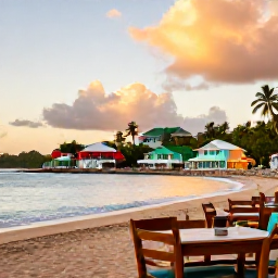 Caribbean Holidays, June Adventures, A relaxed beachfront restaurant and colourful Caribbean village scene at sunset in the British Virgin Islands