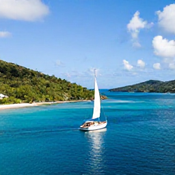 Caribbean Holidays, June Adventures, A small sailing yacht passing between the lush islands of the British Virgin Islands under a sunny June sky