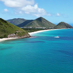 Caribbean Holidays, June Adventures, Aerial view of Antigua's turquoise coastline, green hills and small sailing boats in bright June sunshine