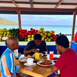 Caribbean Holidays, June Adventures, Friendly local restaurant in Saint Vincent serving Caribbean food, with colourful market produce and the sea visible beyond
