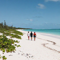 Caribbean Holidays, June Adventures, Hikers walking along a bright white beach with low scrub and ocean views on a Turks and Caicos island