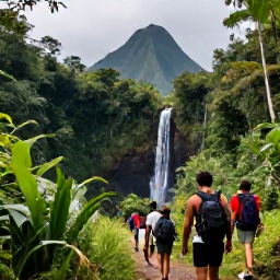 Caribbean Holidays, June Adventures, Hikers walking through lush rainforest on Saint Vincent towards a waterfall, with tropical plants and volcanic mountain scenery