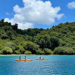 Caribbean Holidays, June Adventures, Kayakers exploring calm coastal waters near Tobago, with forested hills and a bright Caribbean sky