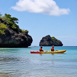 Caribbean Holidays, June Adventures, Kayakers paddling across calm clear water beside a secluded Antigua beach with rocky headlands